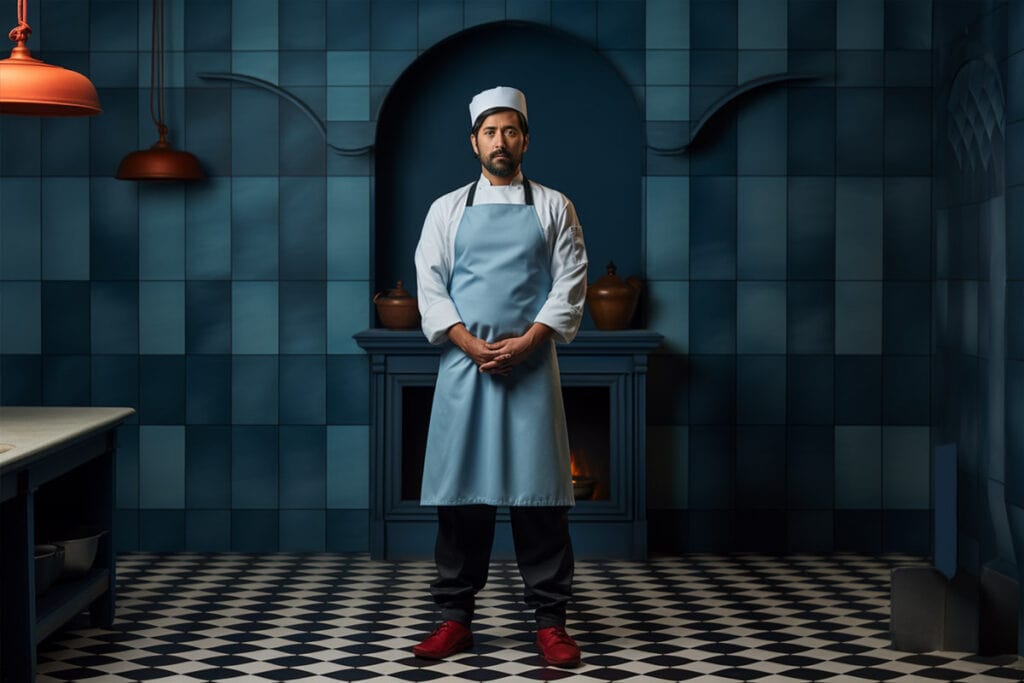 Illustration of a chef in an empty ghost kitchen space