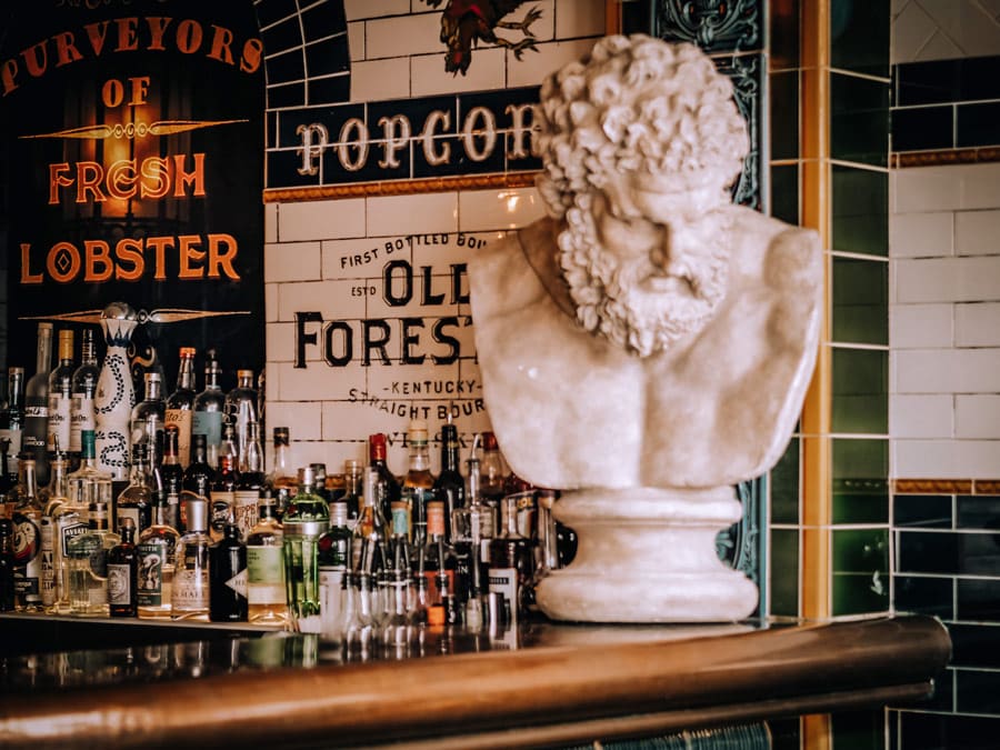 bar interior with antique bust