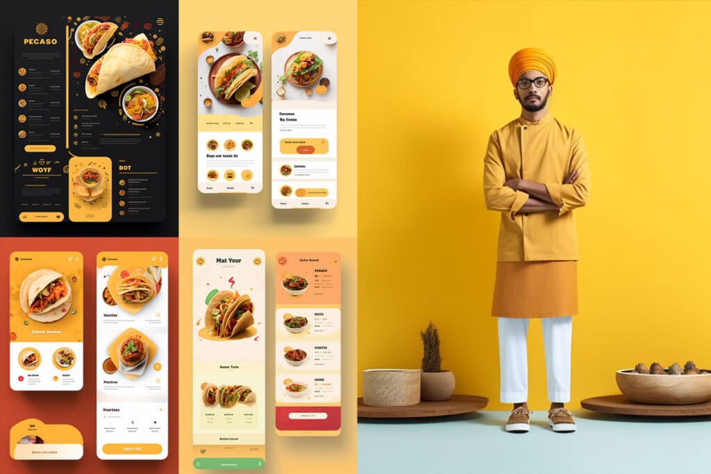 Illustration showing food delivery apps and a chef