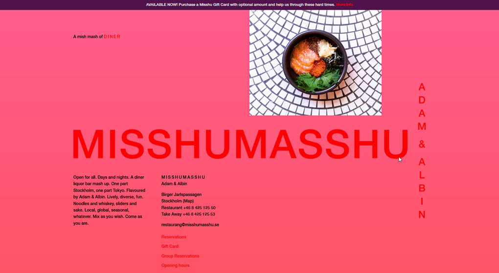 Misshumashsu is a diner and liquor bar mash-up in Stockholm. Restaurant Website Design 