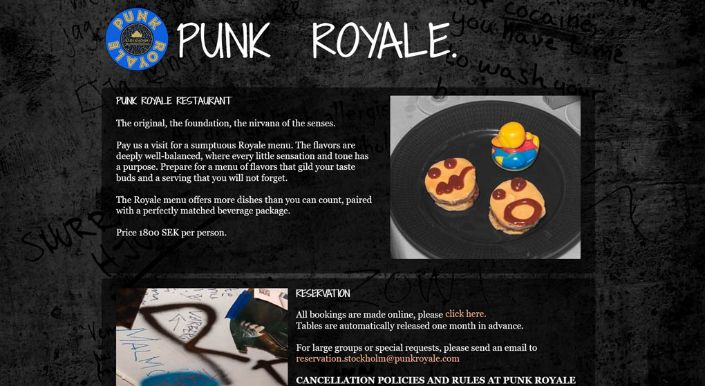 website of Punk Royale- a superhip unconventional luxury restaurant in Stockholm. Restaurant Website Design 