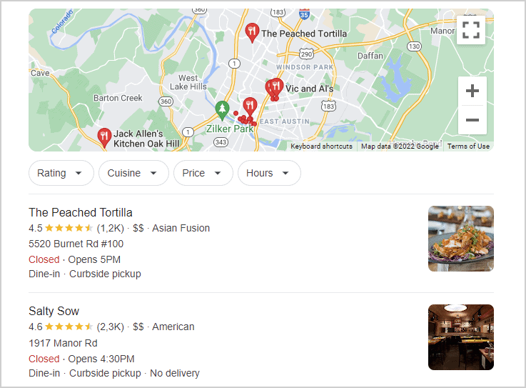 Restaurants near me - search result on Google -screenshot